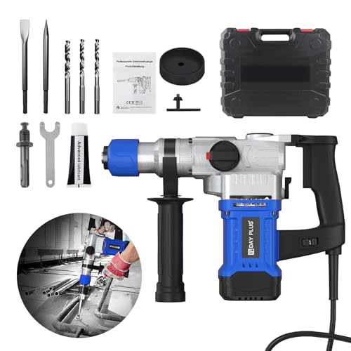 Marteau Perforateur, 3 en 1 Marteau Électrique/Perceuse/Pic Multifonctions Perforateur Burineur 1080W, 4500RPM, avec Poignée Pivotante 360°pour Le Ciment, Mur, Burinage de Tuiles, l'Impact, Perçage