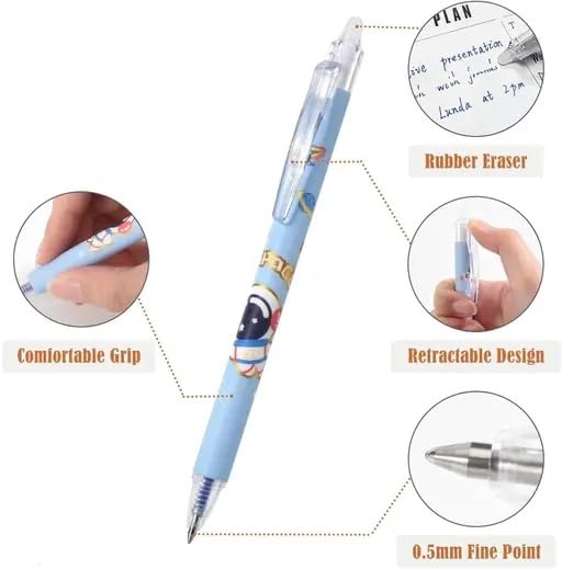 Image of KmCho Pink Erasable Gel Pens, 0.5 mm Fine Tip - Blue Ink in Pink Barrel, 12Pcs Cute Cartoon Design, Smooth Quick-Dry Writing Pens for School, Office