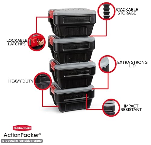 Rubbermaid® ActionPacker® 8 Gal Lockable Storage Box Pack of 4, Outdoor, Industrial, Rugged, Grey and Black