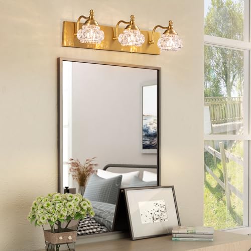 Image of 3-Light Bathroom Light Fixtures, Gold Vanity Light Farmhouse Wall Sconces with Frosted Glass Shade, Modern Bathroom Wall Lamp for Mirror Bedroom Hallway Living Room