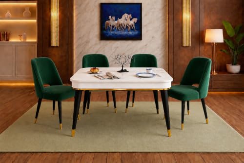 Image of WOODEN SPACE 4 Seater Wooden Dining Table Set | Urban Marble Top Dining Table with Chairs for Dining Room & Kitchen (Modern Vintage Dark Green) (42 x 42 x 30 inch)