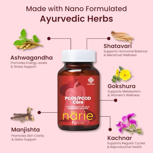 ZEROHARM Narie PCOS/PCOD Supplement | Natural Hormone Balance & Mood Support | Helps with Regular Periods, Weight Management, Facial Hair & Acne | Shatavari, Ashwagandha | 60 Plant-Based Nano Tablets