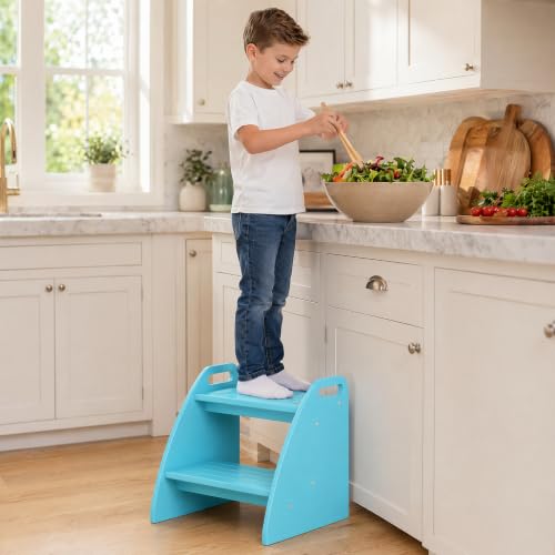 Image of Bamboo 2 Step Stool 300lbs Capacity, Wooden Two Step Stool with Non-Slip Handles, Heavy Duty Stepping Stool for Bedside High Beds Adults, Sturdy Small Bathroom Kitchen Blue Step Stool