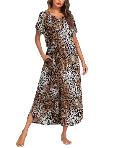 Image of Ekouaer Long Nightgown Women's Loungewear Short Sleeve Sleepwear Full Length Sleep Shirt with Pockets