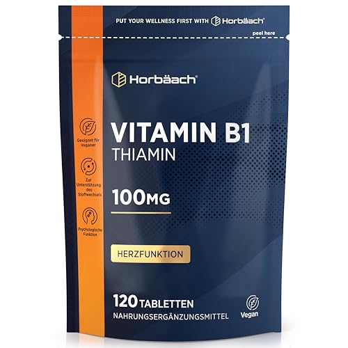Vitamin B1 Hochdosiert 100mg Thiamin | 120 Vegane Tabletten | Ohne künstliche Zusätze | von Horbaach