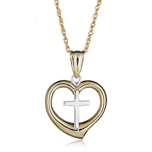 AVORA 10K Two-Tone Gold Cross and Heart Pendant Necklace with 18