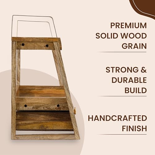 Image of Premium Handcrafted Mango Wood Shelf Organizer with Drawer, Wooden Kitchen Spice Rack, Countertop & Floor Standing Storage Cabinet, Natural Gold 47x27.8x49.5 cm