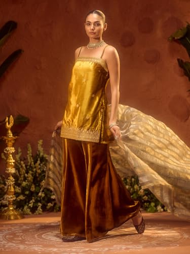 Image of FIORRA Women Ocher Yellow Ice Velvet Embroidered Kurta Set with Dupatta