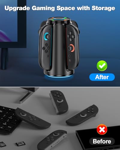 Image of Upgraded [Switch 2 /1 Both] Charging Dock for Nintendo Switch Joycons, 4-in-1 Magnectic Controller Fast Charging Station with Adjustable RGB Lights
