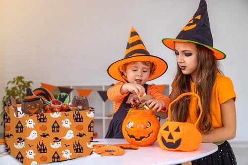 Image of Essme Rectangular Halloween Basket,Kids Baskets Empty with Handles,Cute Baskets for Kids Halloweens Room Decor,Boys and Girls, Candy Basket(Yellow Castle Ghost)