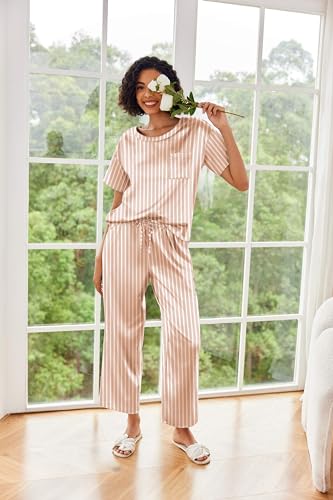 Image of Ekouaer Womens Satin Silky Pajama Set Short Sleeve Shirt with Long Pajama Pant Set Soft PJ Loungewear