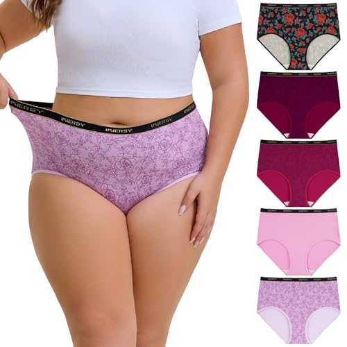INNERSY Bragas Tallas Grandes Mujer Suaves Braguitas Altas Algodón Ropa Interior Rosas Pack de 5 (44-46, 4 Estampados Florales/1 Rojo Rosa)