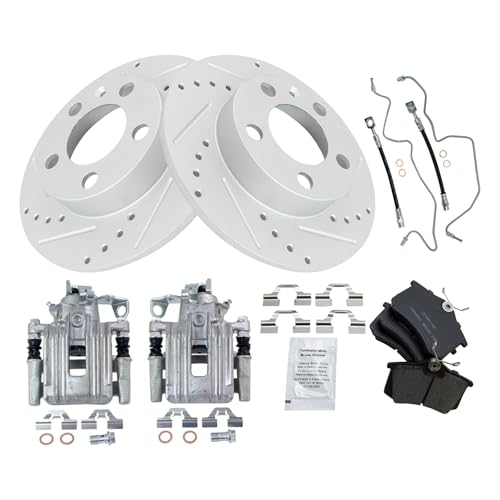 Image of TRQ Performance Rear Brake Pad and Rotor Set Ceramic Slotted Drilled Calipers Compatible with 1999 Volkswagen Jetta