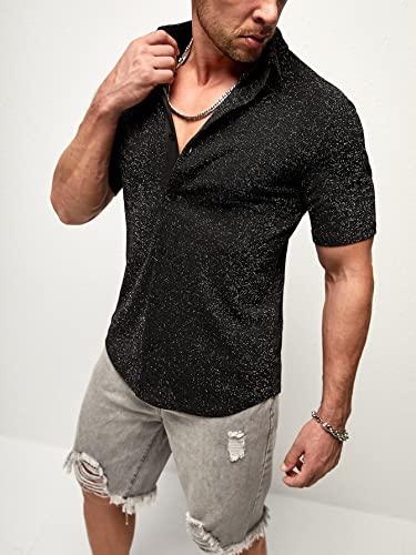 WDIRARA Men's Button Front Short Sleeve Collar Glitter Shirt Metallic Party Club Tops4