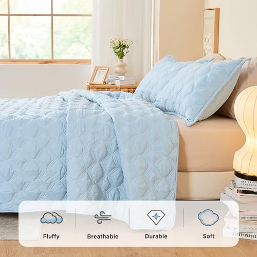 Image of Litanika Queen Quilt Bedding Set, Light Blue Summer Lightweight Soft Comforter Bedspreads & Coverlets, Boho Farmhouse Bedding Cover Bed Decor All Season, 3 Pieces (1 Quilt, 2 Pillowcases)
