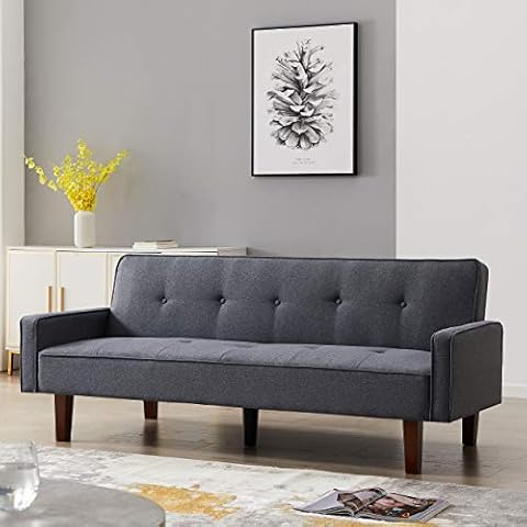 KINWELL 75" Convertible Sleeper Sofa Couch Bed, Mid-Century Modern Upholstered Square Arm Sleeper for Living Room (Dark Gray) Cover