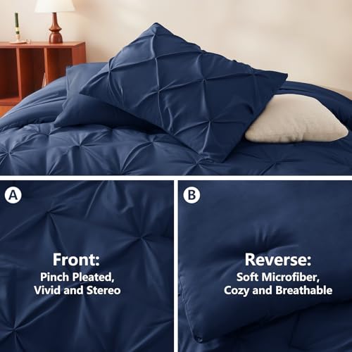 CozyLux Twin Comforter Set with Sheets Navy Blue, 5 Pieces Pintuck Bed in A Bag, Twin Bed Set Gift for Family, Pinch Pleat Bedding Set with Comforter, Sheets, Pillowcase & Sham