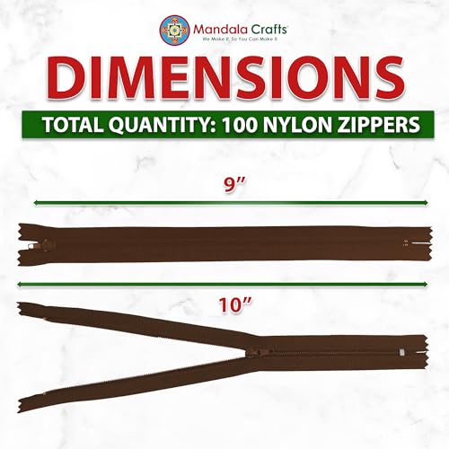 Image of Mandala Crafts 100 PCs Dark Brown Closed-End 9 in Nylon Zippers for Sewing