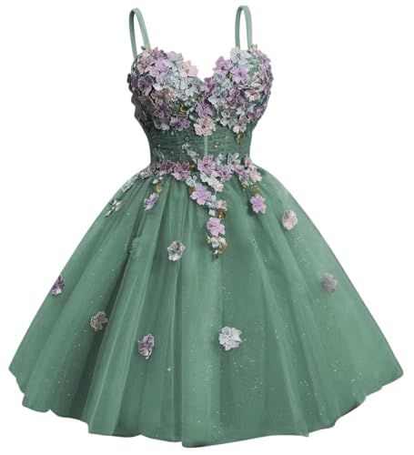 3D Floral Homecoming Dress for Teens Spaghetti Straps Puffy Tulle Short Ball Gown Quinceanera DAMA Dress