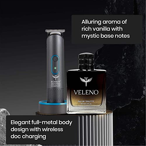 Image of Bombay Shaving Company Gift Set For Men | Men Trimmer & Veleno Perfume Gift Set For Men | Father Day Gift For Dad, Gifts for men | USB 2X Fast Charging Dock, 2 Yr warranty, 80Min runtime, Hair Trimmer, Shaving Machine, Beard, T Blades, 2X Fast Charging, USB Pod & Stand, Waterproof (Grey)