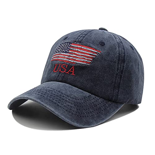 Image of USA Baseball Cap American Flag Washed Hat Adjustable Cotton Unconstructed Embroidered Cap