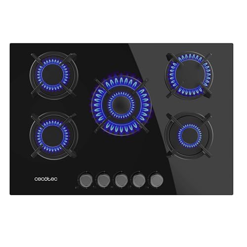 Cecotec Piano Cottura Gas Butano e Naturale 5 Fuochi Bolero Squad G 5200S Glass Black, 11000W, Vetro Nero, Griglie Individuali Ghisa, WOK Tripla Corona, Accensione Elettrica, Sistema Sicurezza