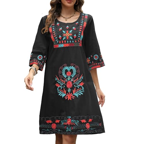 Image of Higustar Mexican Embroidered Dress Summer Cotton Bohemian Flower Peasant Traditional Mexico Fiesta Boho Dresses for Women