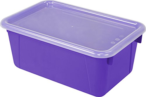 Image of Storex Small Cubby Bins - Plastic Storage Containers for Classroom with Non-Snap Lid, 12.2 x 7.8 x 5.1 inches, Purple, (62411U05C) (Pack of 5)