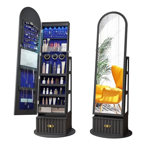 SKKTKT 63" Full Length Mirror Jewelry Cabinet with Storage – Rotating, Lockable Jewelry Armoire with Velvet Lining, Standing Organizer for Women – Ideal Gift for Jewelry Storage & Display, Black