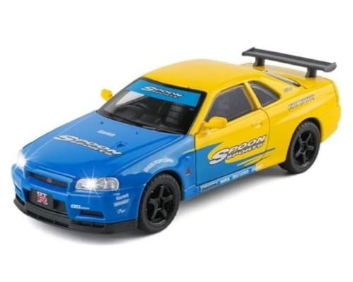 Image of 1:32 Scale Nissaan Skyline R-34 Model Alloy Metal Pull Back Toy car for Kids with Openable Doors & Light, Music Toy Vehicle for Kids (1:32 Nissaan Skyline R-34 (Yellow))