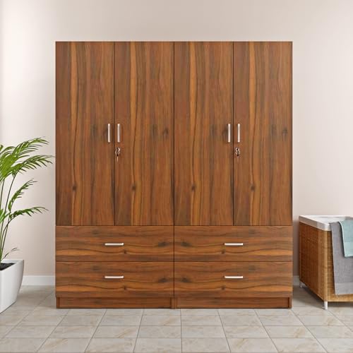 Image of VIKI Wardrobe | Wooden Almirah for 4 Door 4 Drawer with Shelves & Hanging Space Wardrobe (Brussel Walnut - 40D x 160W x 180.8H) | 1 Year Warranty | Free Assembly
