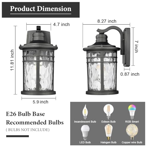Image of Darkaway Outdoor Porch Lights Wall Mount, Outside Light Fixtures Sconces Wall Lighting with Water Ripple Glass Waterproof Exterior Lights for Patio Yard House Hallway Doorway Garage