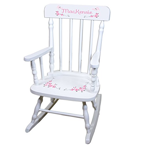 Personalized Pink and Gray Butterflies White Childrens Rocking Chair