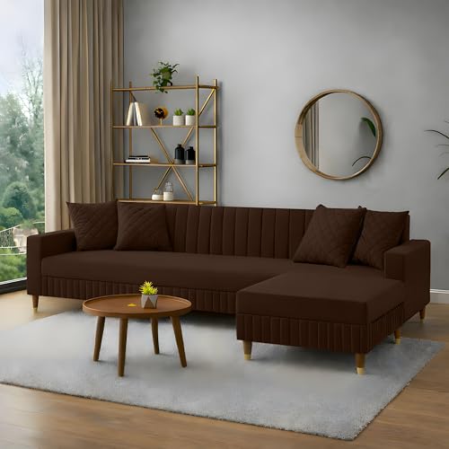Image of AMATA Omega Solid Wood 4 SeaterL Shape Brown Suede Velvet Fabric Sofa Set with Four Cushions Perfect for Home Office Guests Living Room (03 Brown, Omega L Shape 4 SSEATER)(3 Year Warranty)