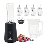 TONICON Smoothie-Maker | 3in1 Mini Mixer | 6-Edelstahl-Messer Blender | 500 Watt Standmixer | Glas-Behälter Inkl. Trinkfalsche Smoothie to go BPA-Frei | 4 Mason Jar Cups aus Glas – Anthrazit