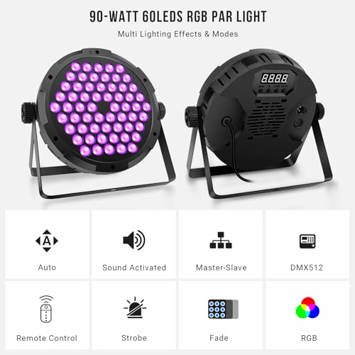 90W 60LEDs Par Lights 2Pack - RGB Stage Par Lights Sound Activated by Remote & DMX Control Uplights for Events Church Wedding Music Dance Show DJ Party Lighting - Image 4