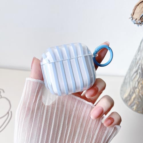 Image of MINSCOSE for AirPods 4 Case,Cute Striped Aesthetic Pattern Design with Trendy Keychain Ring,Soft TPU Protective Shockproof Cover with Cleaner Kit for Girls Women for Airpods 4-Clear Blue