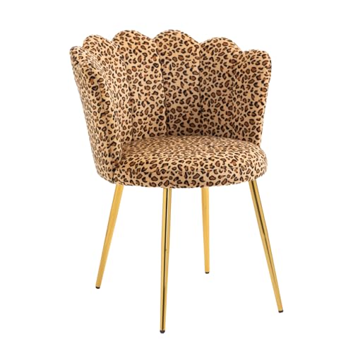 ZOBIDO Modern Velvet Chairs Comfy Upholstered Vanity Chairs for Bedroom Armchair Dining Chairs with Golden Metal Legs Petal Shape Back Vanity Desk Chair for Women for Girls, Living Room(Leopard Stripe