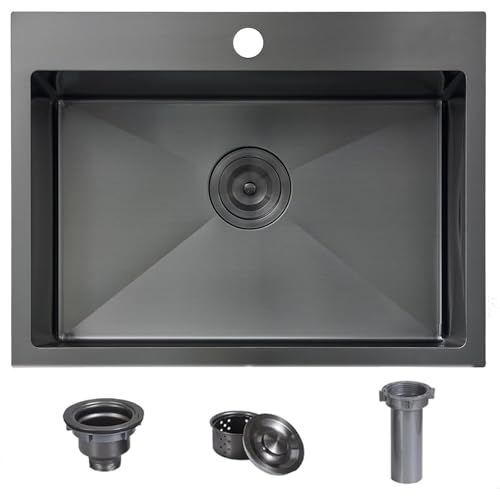 Comllen 22x18 Inch Black Kitchen Sink,Drop In 16 Gauge RV Small Kitchen Bar Sinks,Stainless Steel Topmount Outdoor Prep Single Bowl Workstation Wet Bar Sink