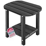 LZRS 2-Tier Patio Side Table, Heavy Duty HDPE Outdoor End Table with Wood Texture, Weatherproof Composite Table for Adirondack Chairs, Deck, Pool, Indoor/Outdoor, No Peeling Cracking(Black)