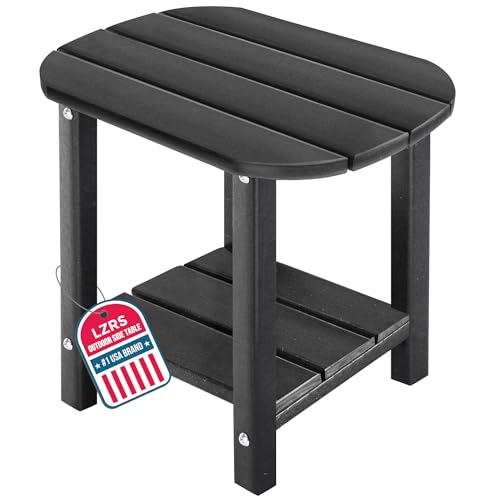 LZRS 2-Tier Patio Side Table, Heavy Duty HDPE Outdoor End Table with Wood Texture, Weatherproof Composite Table for Adirondack Chairs, Deck, Pool, Indoor/Outdoor, No Peeling Cracking(Black)