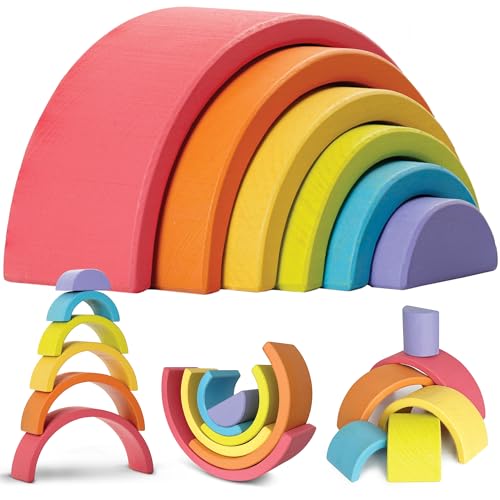 Merle Toys Regenbogen Holz Spielzeug - Holzregenbogen Kinder ab 1 Jahr Holz Regenbogen Montessori Spielzeug Bausteine Stapelspielzeug Holzspielzeug Montessori Hochwertig & stabil 100% Buchenholz