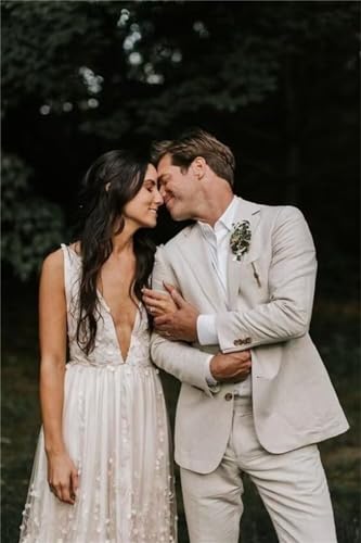 Suits for Men 2 Piece Slim Fit Linen Tuxedo Beach Wedding Suit Set Groomsmen Prom Blazer and Pants Set Army Green S4