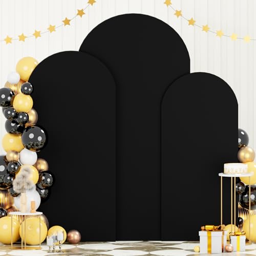 Image of FOTSHARER Spandex Fitted Wedding Arch Cover Set of 3 Black Arch Covers Stretchy Backdrop 6FT 6.6FT 7.2FT Round Top Back drop Cover for Arches Stand Wedding Arch Cover Backdrop Fabric for Parties Decor