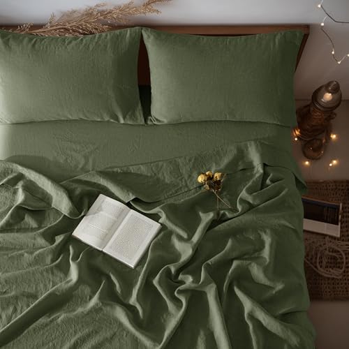 LBRO2M 100% Linen Sheet Set 16' Deep Pocket Queen Size,Bed Sheets 4 Piece Sets,Solid Color Natural Flax Bed Sheets Soft Breathable Bedding, All Season (Queen, Olive Green)