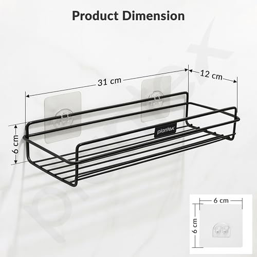 Image of Plantex Self Adhesive Bathroom Shelf Rack /Bathroom Organiser Without Drill /GI-Steel Shelf for Kitchen with Magic Stickers /Bathrooms Accessories- (12x5 inches,Black)