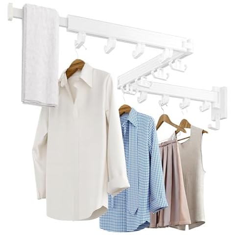 Clothes Drying Rack Wall Mounted, Retractable Drying Racks for Laundry, Foldable Drying Rack With 12 Hooks, Sturdy Tri-Fold Wall Mounted Space Saver for Laundry Room Balcony Bathroom - 49.8", White Cover