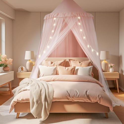 Mallify Moskitonetz Betthimmel mit Sternenlichtern, atmungsaktiv & waschbar Doppelte Lage Babybett Baldachin für Mädchen Prinzessin Kinderzimmer, 100 cm x 269 cm, Rosa