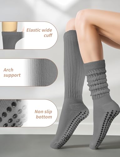 AURUZA Pilates Grip Yoga Socks for Women, Slouch Socks with Grip for Barre Workout Hospital Long Scrunch Slipper Socks3