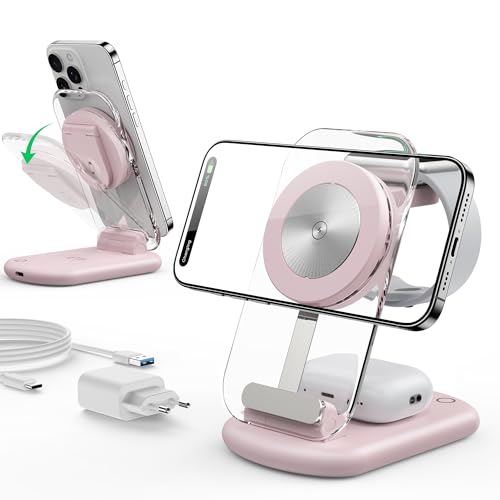 Mag Safe Ladegerät, Ladestation und iPhone, 3 in 1 Mag Safe Ladestation Kompatibel mit iPhone 17 16 15 14 13 12 Pro Max/Air/Plus/Pro, für Apple Watch 10/9, Airpods 3/2/Pro,faltbar, Rosa